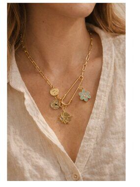 Gold Charm Necklace Paperclip Chain Safety Pin Rhinestone Flower Sun Charm State